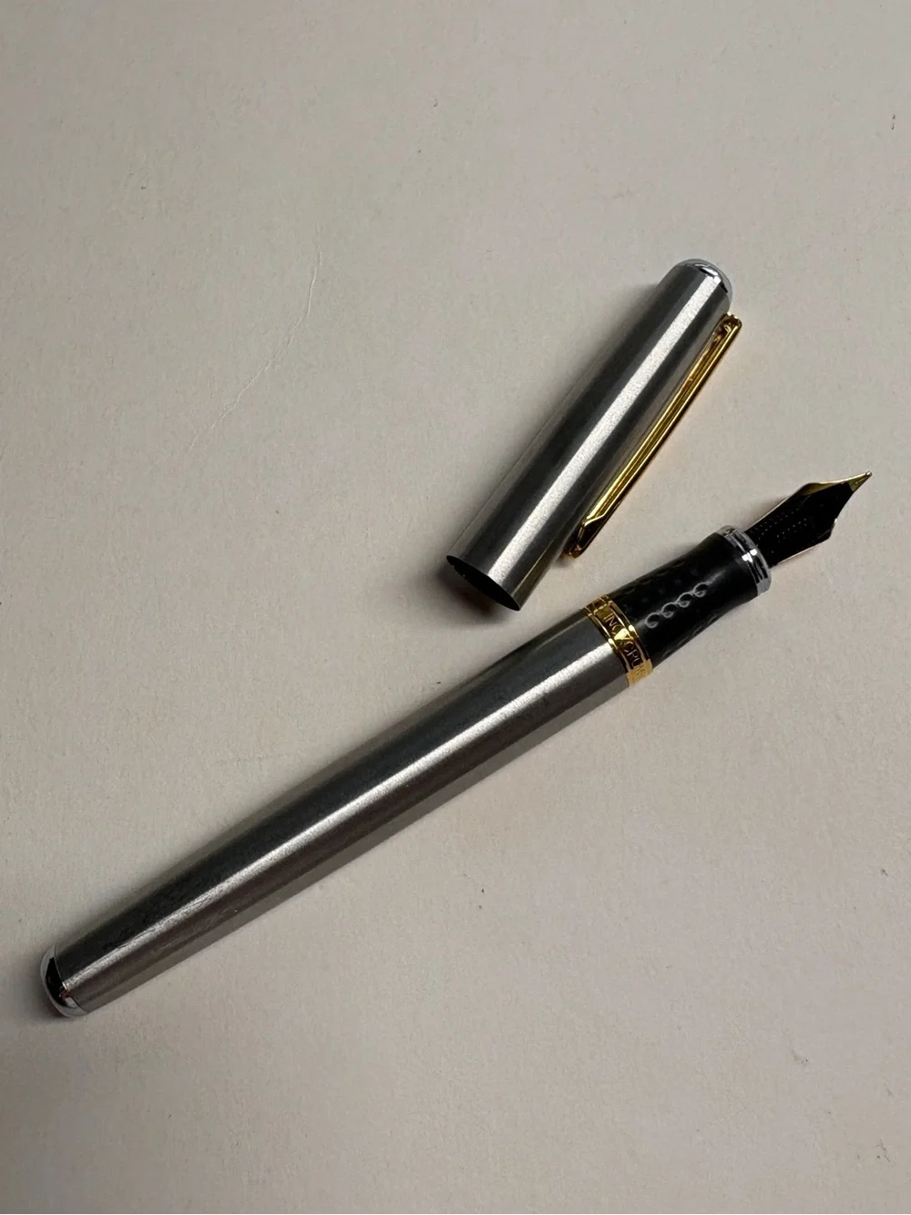 Vintage Inoxcrom Fountain Pen Silver Tone Gold Tone Trim Black Grip Spain